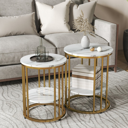 HOMCOM Set of Two Marble-Effect Coffee Tables - White/Gold-Tone