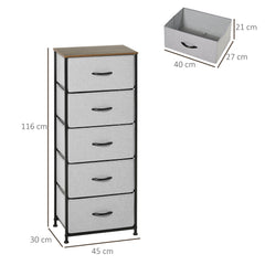 HOMCOM Fabric Chest of Drawers, Storage Drawers, Industrial Bedroom Dresser with 5 Fabric Drawers, Steel Frame and Wooden Top for Nursery, Living Room, Hallway, Grey