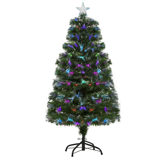 HOMCOM 4FT Multicoloured Artificial Christmas Tree w/ Fibre Optic Lights Pre-Lit Modes Metal Stand Star Holder Home Seasonal Decoration