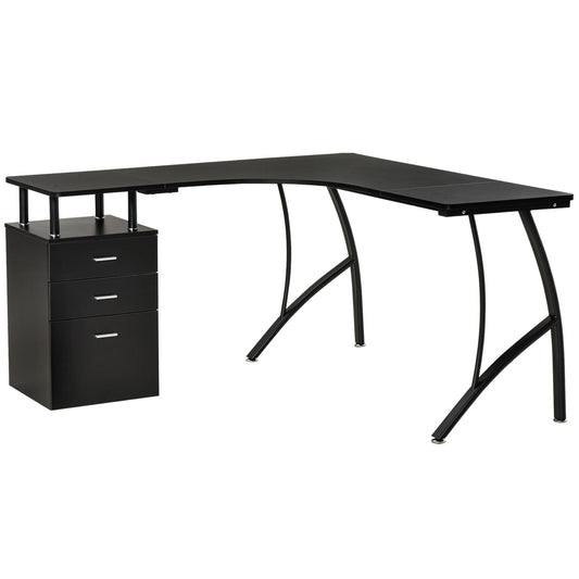 HOMCOM L-Shaped Computer Desk Table with Storage Drawer, Home Office Desk Corner Industrial Style Workstation for A4 Files 143.5 x 143.5 x 76cm, Black