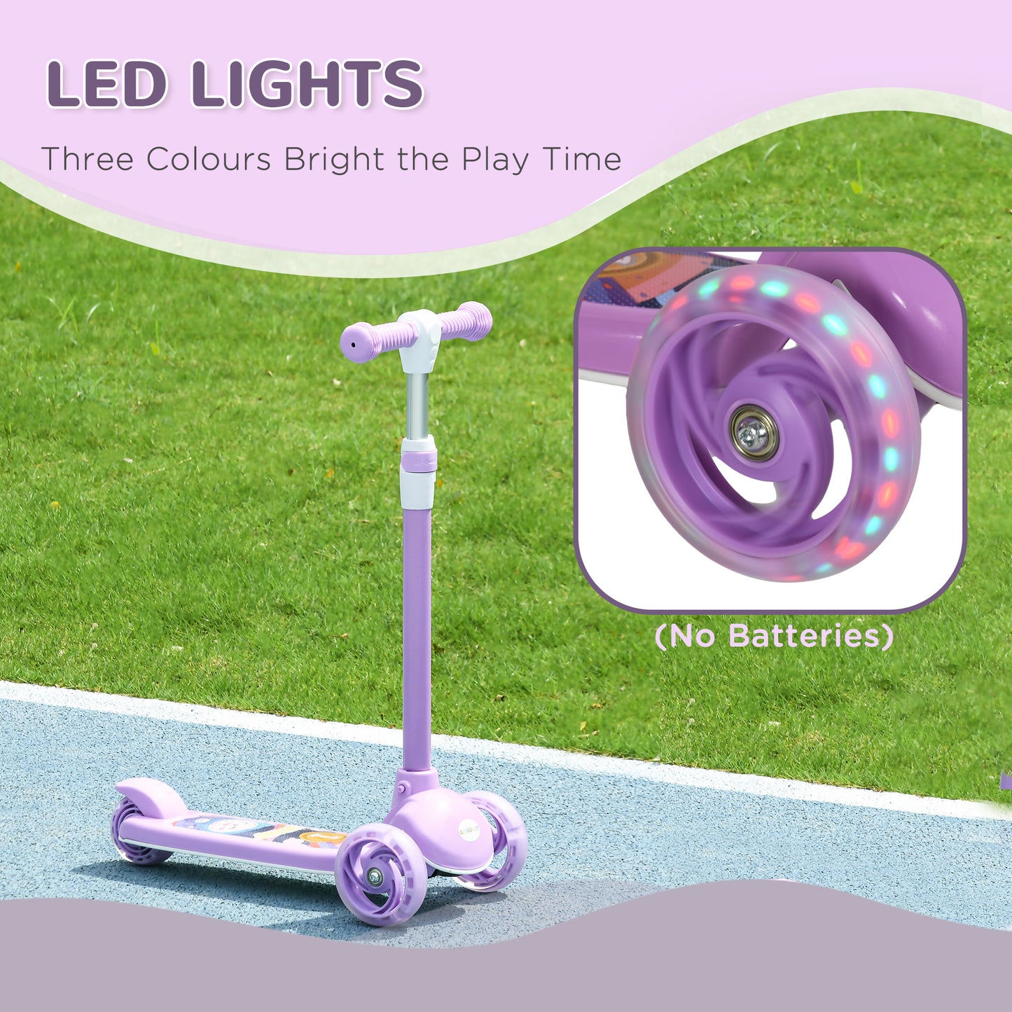 سكوتر AIYAPLAY للأطفال بثلاث عجلات من عمر 2 إلى 6 سنوات مع ارتفاع قابل للتعديل وإضاءة LED ومقود TPE، أرجواني