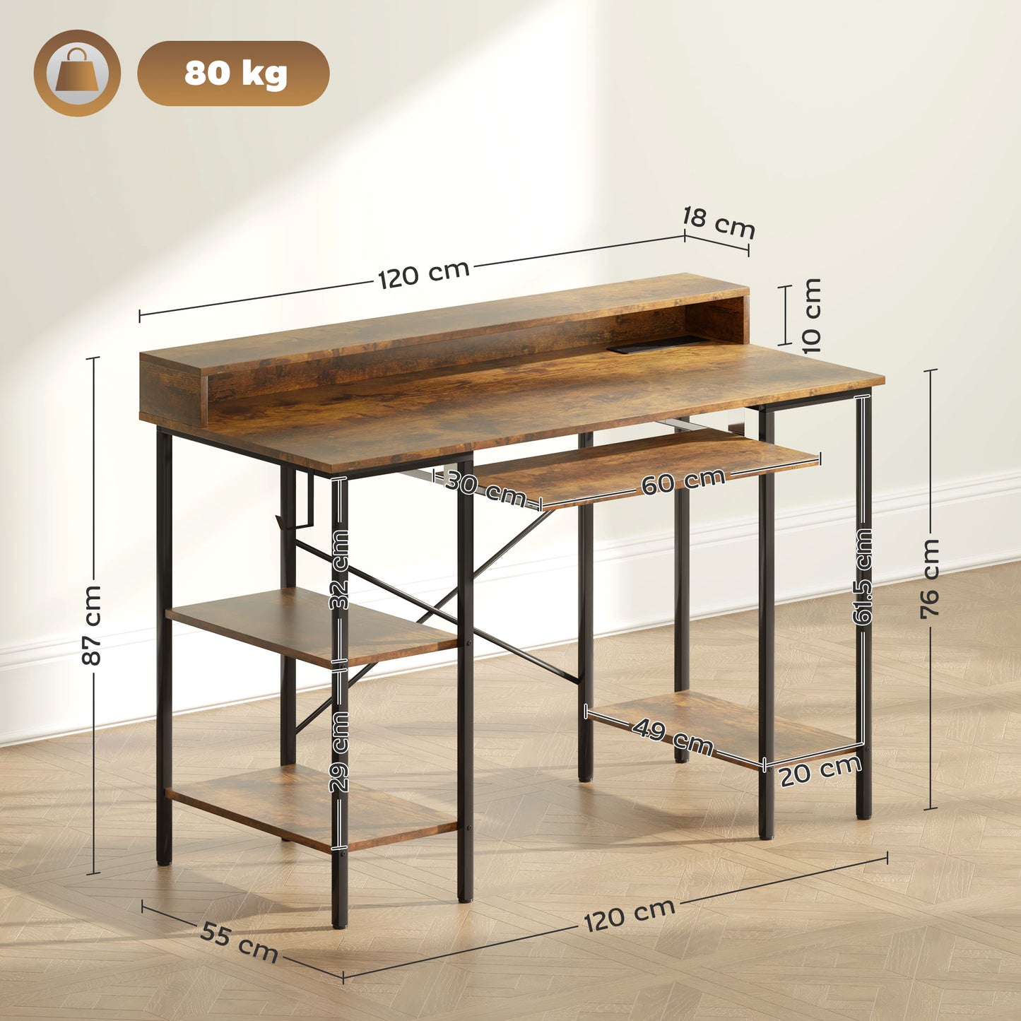HOMCOM Reversible Computer Desk with LED Lights and Power Outlets, 120 x 55 cm Gaming Desk with Monitor Stand, Sliding Keyboard Tray and Storage Shelves, Industrial Home Office Desk, Rustic Brown