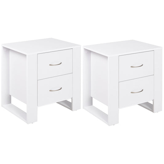 HOMCOM Bedside Table with 2 Drawers, Nightstand with Handles and Elevated Base, Side Table for Bedroom, Living Room, Set of 2, White