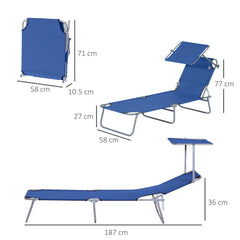 Outsunny Single Sun Lounger, with Awning and Reclining Back - Blue