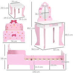 ZONEKIZ 3PCs Kids Bedroom Furniture Set with Bed, Dressing Table and Stool, Princess Themed, for 3-6 Years Old, Pink