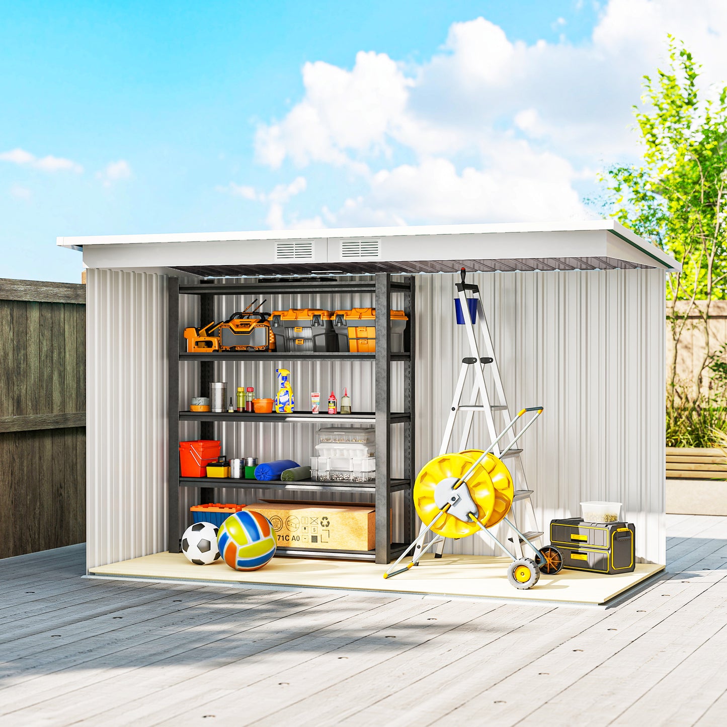 Outsunny Corrugated Garden Metal Storage Shed Outdoor Equipment Tool Box with Kit Ventilation Doors 9x 4FT Light Grey