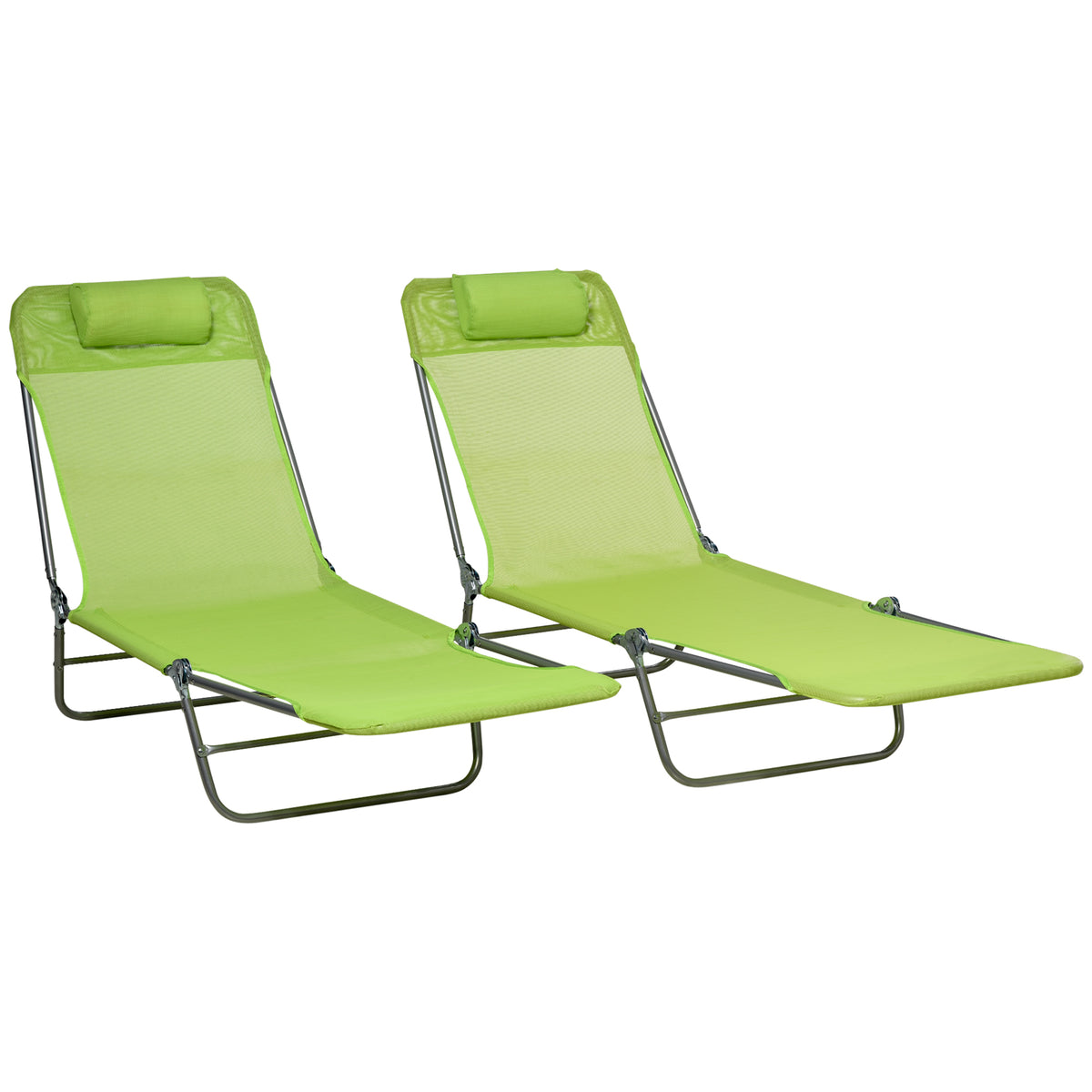 Outsunny Folding Sun Lounger Set of 2, Outdoor Day Beds with Pillow, Reclining Back, Steel Frame and Breathable Mesh for Beach, Yard, Patio, Green