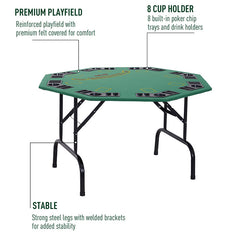 HOMCOM 8 Player Folding Games Poker Table with Chip Cup Holder Steel Base Felt Top Octagon Blackjack Green