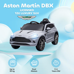 سيارة كهربائية للأطفال تعمل بالبطارية ومرخصة من AIYAPLAY Aston Martin DBX، 12 فولت، سيارة للأطفال مزودة بأضواء وبوق موسيقي، باللون الرمادي