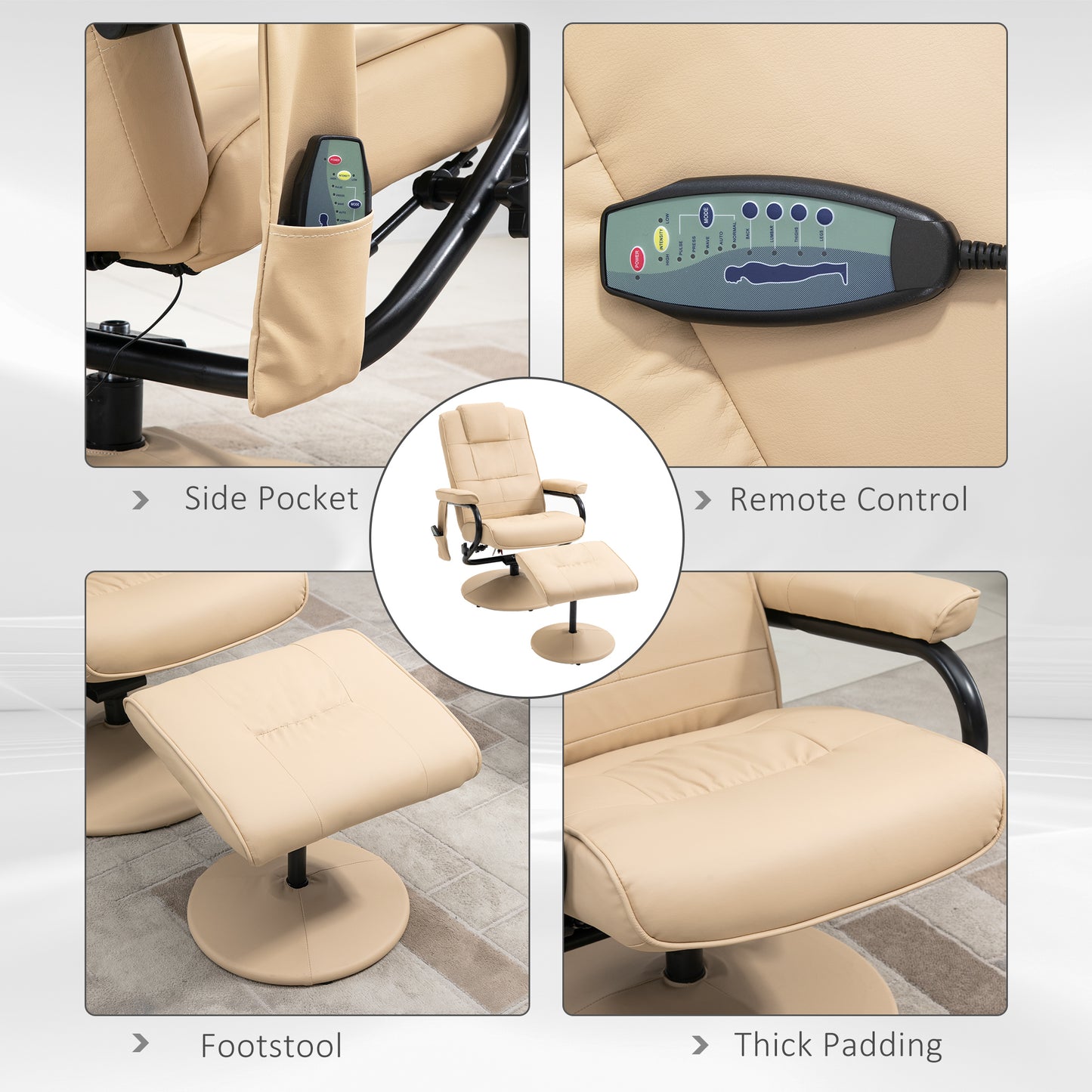 HOMCOM Swivel Recliner Chair and Footstool, Faux Leather Massage Recliner Armchair with Remote Control and Round Wrapped Base, Cream
