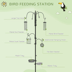 Pawhut Bird Feeding Station Kit, Wild Bird Feeder Pole with 6 Hooks, 4 Hanging Feeders for Peanuts, Seed, Fat Balls, for Garden, Outdoor, Black