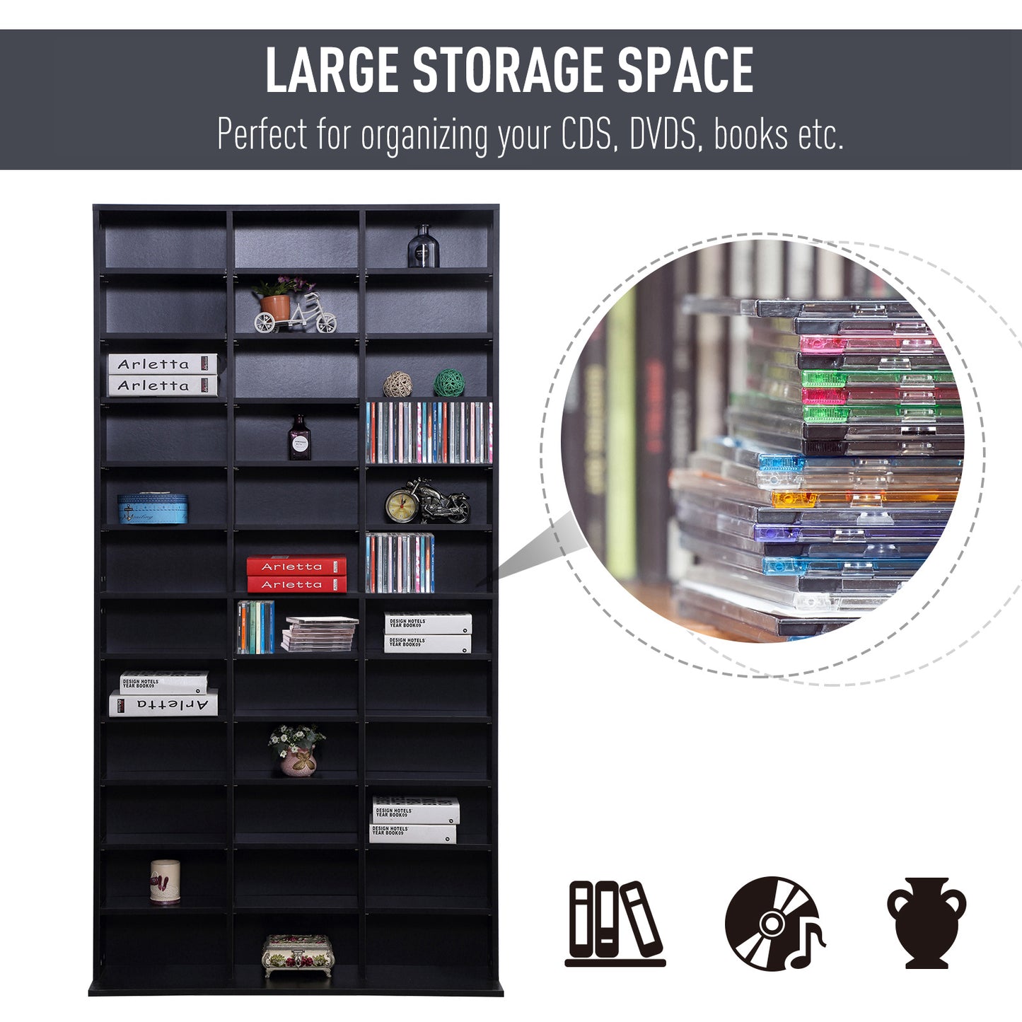 HOMCOM 1116 CD/ 528 DVD Storage Unit, Media Storage Shelf, Wooden Display Unit with Adjustable Shelves, 102 x 195 cm, Black