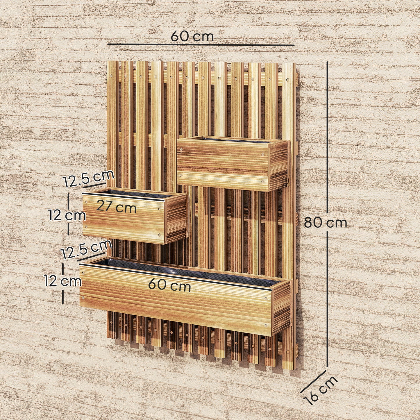 Outsunny Wall-mounted Wooden Garden Planters with Trellis, Drainage Holes and 3 Planter Boxes for Patio, Carbonised