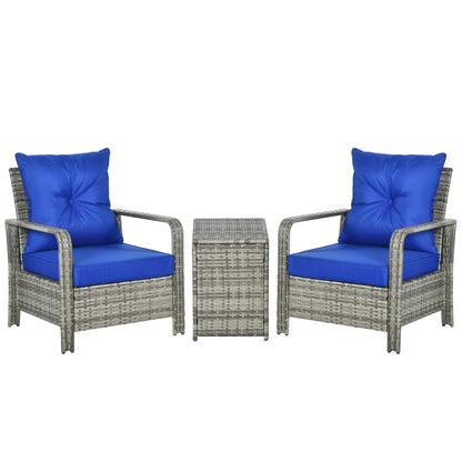 Outsunny 3 Pieces Rattan Bistro Set, Wicker Garden Furniture Set with Storage Coffee Table and Chairs, Thickened Cushions for Outdoor, Patio, Balcony, Blue
