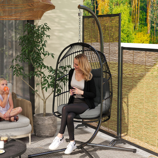 Outsunny Hanging Egg Chair, Foldable Rattan Garden Swing Chair with Installation Kit, Thickened Cushion and Headrest, Indoor Outdoor Hanging Egg Basket Seat for Patio, Porch, Dark Grey