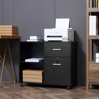 Vinsetto Filing Cabinet with Wheels, Mobile Printer Stand with Open Shelves and Lockable Drawer for A4 Size Documents, Black