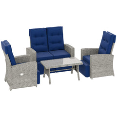 Outsunny 4 Piece Rattan Garden Furniture Set Outdoor Sofa Sectional Set with Glass Top Table for Poolside, Navy Blue