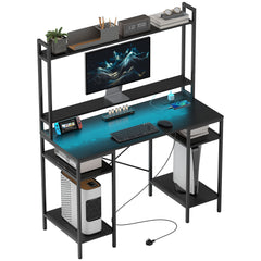 HOMCOM Computer Desk with Power Outlets and LED Lights, Home Office Desk with Monitor Stand and 2 CPU Stands, Study Table Gaming Desk with Hutch, Black