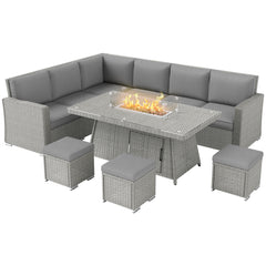 Outsunny Seven-Piece Firepit Table Rattan Sofa Set - Grey