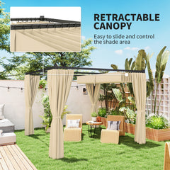 Outsunny 3 x 3(m) Retractable Pergola, Garden Gazebo Shelter with Curtains, for Grill, Patio, Deck, Khaki