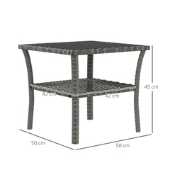 Outsunny 50cm Outdoor PE Rattan Coffee Table, Patio Wicker Two-tier Side Table with Glass Top, for Patio, Garden, Balcony, Grey