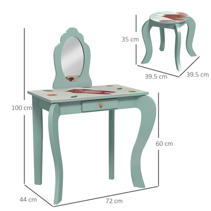 ZONEKIZ Kids Dressing Table with Mirror, Stool, Drawer, Cute Animal Design, Green