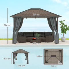 Outsunny 3 x 3.6m Hardtop Gazebo Canopy with Polycarbonate Roof Garden Pavilion with Removable Curtains and Steel Frame, Dark Grey