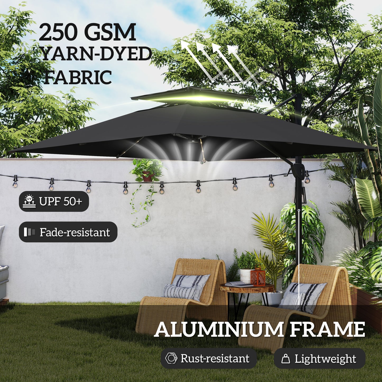 Outsunny 3.5x3 m Garden Cantilever Parasol with Solar LED Lights and Centre Light, UPF50+ Aluminium Patio Umbrella with 360√Ç¬∞ Rotation and Tilt, Hanging Sun Shade with Cross Base, Crank Handle, Black