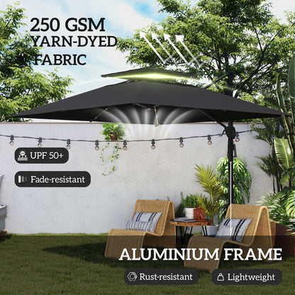 Outsunny 3.5x3 m Garden Cantilever Parasol with Solar LED Lights and Centre Light, UPF50+ Aluminium Patio Umbrella with 360√Ç¬∞ Rotation and Tilt, Hanging Sun Shade with Cross Base, Crank Handle, Black