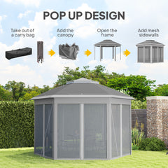 Outsunny 3 x 4m Garden Gazebo Hexagon Pop Up Party Tent Canopy Double Roof Instant Shelter with Netting and Carry Bag for Outdoor Patio, Dark Grey