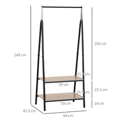 HOMCOM Clothes Rail, Freestanding Metal Clothes Rack with 2 Tier Storage Shelves for Bedroom and Entryway, 64 x 42.5 x 149 cm, Black Frame