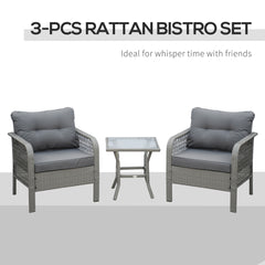 Outsunny 3 Pieces Rattan Bistro Set with Glass Top Coffee Table, Chairs and Cushions for Outdoor, Patio, Balcony, Grey