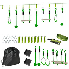 AIYAPLAY 7 Piece Kids Zip Line Kit for Garden, 10m Kids Slackline Kit with Wooden Monkey Bars, Metal Rings, Gripping Balls, Green