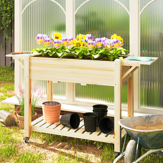 Outsunny 46 x 94cm Wooden Raised Planter, with Shelves - Natural Finish