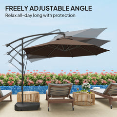 Outsunny 3(m) Garden Cantilever Parasol with Fillable Base, Wind Protection Strap, Cover, Round Banana Hanging Umbrella with Crank Handle and Tilt, Patio Umbrella for Outdoor Sun Shade, UPF50+, Brown