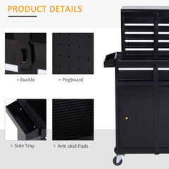 DURHAND Tool Chest 2 in 1 Metal Tool Cabinet Storage Box with 5 Drawers Pegboard Wheels 60x28x104.5cm Black