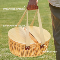 Outsunny Wicker Picnic Basket for 2 with Pine Wood Lid, Picnic Hamper with Cooler Compartment, Cutlery Service Kits, Carry Handle for Camping, Outdoor, Valentine Day, Chirtmas, Birthday, Light Brown