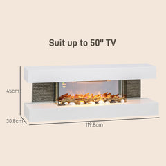 HOMCOM 47inch / 120cm Electric Fireplace Wall Mounted, Freestanding, Glass Electric Fire Suite with Mantel, Adjustable LED Flame Effect and Temperature, Log, Pebble, Remote Control, 2000W, White