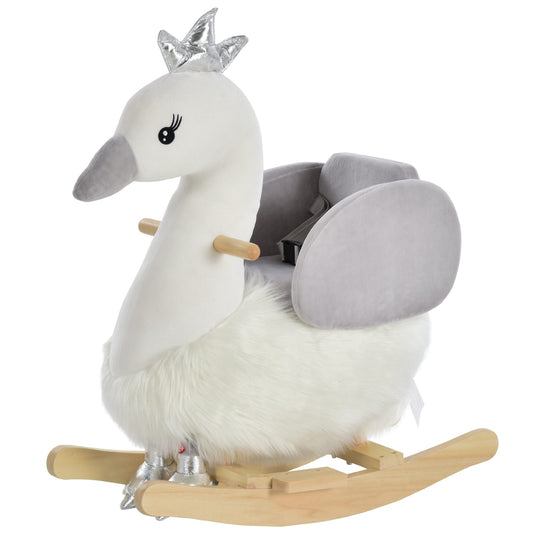 HOMCOM Kids Children Rocking Horse Plush Ride On Swan w/ Sound Wood Base Seat Safety Belt Toddler Baby Toy Rocker 18 - 36 Months