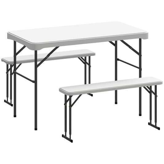 Outsunny 3 Piece 4ft Folding Picnic Table and Bench Set, Portable HDPE Camping Table and Chairs with Carrying Handle for Indoor Outdoor, Dining, Camping, Picnic, BBQ, Party, Light Grey