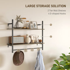 HOMCOM Wall Mounted Floating Shelves with 4 Hooks, Rustic Wall Shelf Unit for Living Room, Entryway, Grey