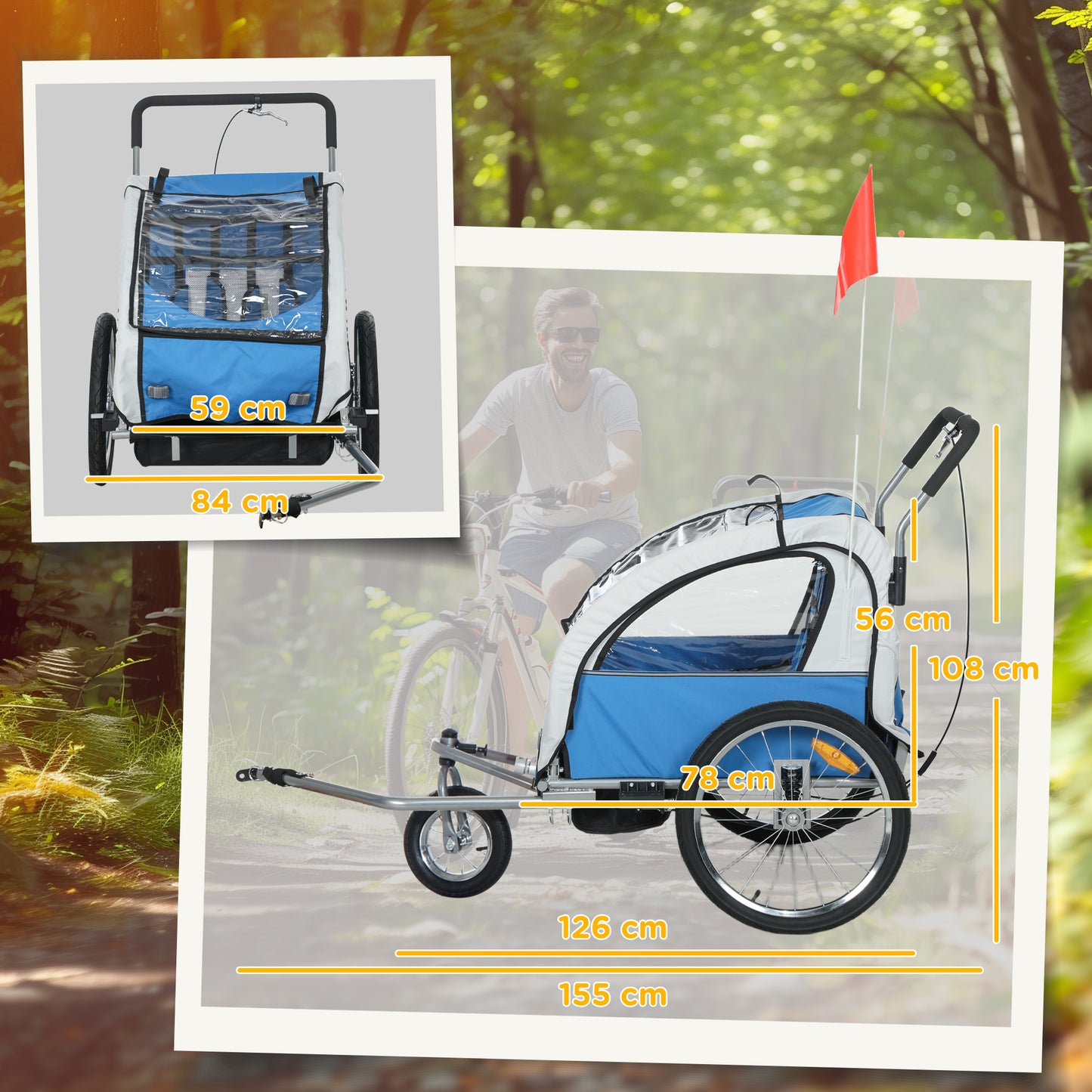 HOMCOM 2 Seat Bike Trailer with 5 Point Harness, Baby Bike Stroller with Safety Flag, Reflectors, for 18+ Months, Blue