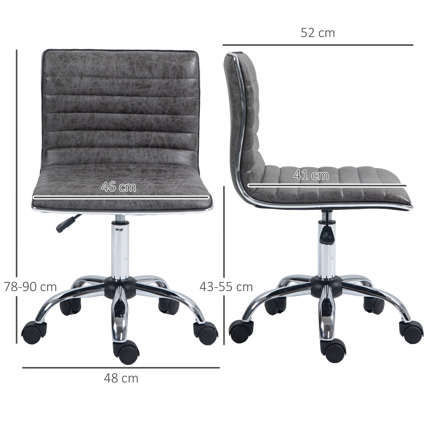 HOMCOM Armless Task Desk Chair, Swivel Office Chair with Microfibre Cloth, Adjustable Seat Height, Chrome Base, Wheels for Home, Grey
