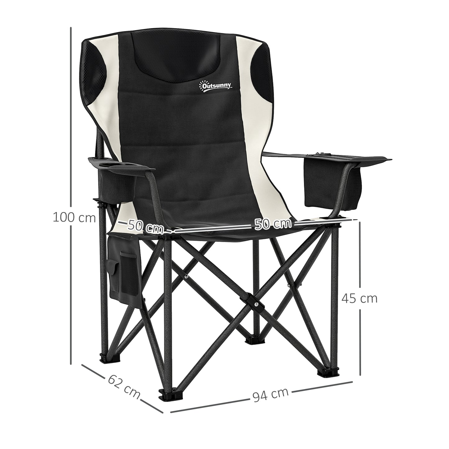 Outsunny Set of 2 Folding Camping Chairs, Padded Camping Chairs with Adjustable Armrests, Portable & Lightweight Folding Camp Chair with Cooler Bag, Cup Holder and Side Pockets, Black