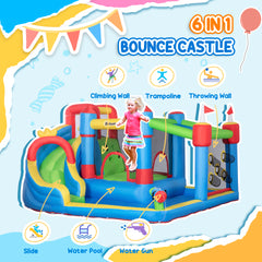 Outsunny Kids Inflatable Bouncy Castle Water Slide 6 in 1 Bounce House Jumping Castle Water Gun Climbing Wall with Air Blower for Age 3-8, 3.9 x 3 x 2m