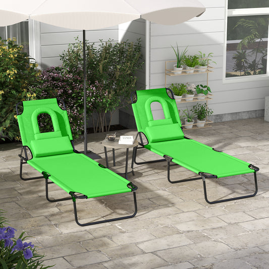 Outsunny Outdoor Foldable Sun Lounger Set of 2, 4 Level Adjustable Backrest Reclining Sun Lounger Chair with Pillow and Reading Hole, Green