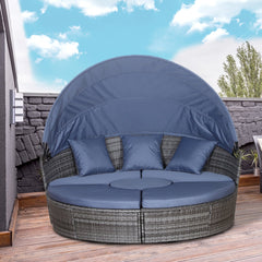 Outsunny PE Rattan Lounge Set, 5 Pieces Patio Conversation Furniture Set, Garden Round Sofa Bed with Cushion and Retractable Canopy, Grey