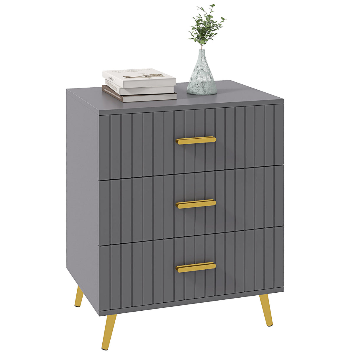 HOMCOM Three Drawer Embossed Line Dresser - Grey/Gold Tone