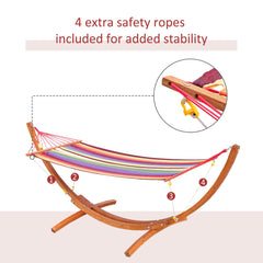 Outsunny Outdoor Hammock with Stand, Free Standing Hammock with Arc Wooden Frame and 200 x 100cm Fabric, Garden Swing Hanging Bed with Safe Ropes, Multicolour