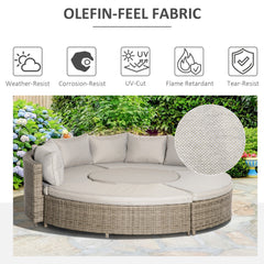 Outsunny 5 Pieces Outdoor PE Rattan Round Garden Daybed with Cushions, Aluminium Patio Furniture Set Lounge Chair Conversation Sofa Set with Liftable Coffee Table and Protect Cover, Grey